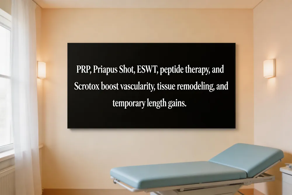 PRP, Priapus Shot, ESWT, peptide therapy, and Scrotox boost vascularity, tissue remodeling, and temporary length gains.