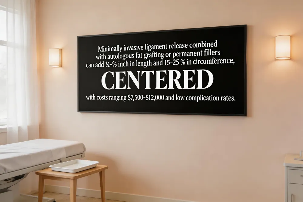Minimally invasive ligament release combined with autologous fat grafting or permanent fillers can add ¼‑¾ inch in length and 15‑25 % in circumference, with costs ranging $7,500‑$12,000 and low complication rates.