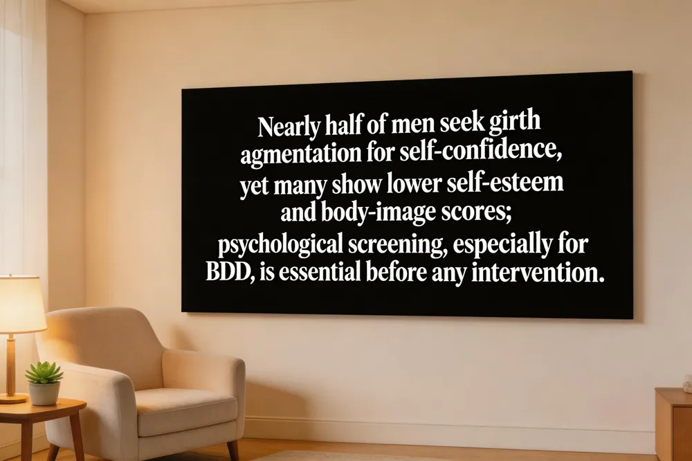 Nearly half of men seek girth augmentation for self‑confidence, yet many show lower self‑esteem and body‑image scores; psychological screening, especially for BDD, is essential before any intervention.