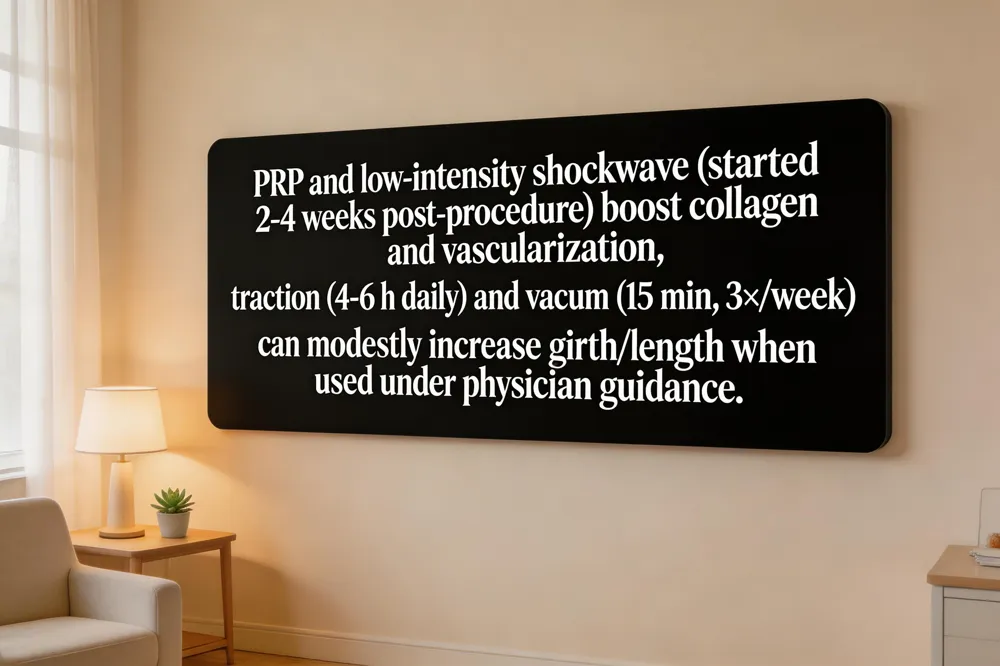 PRP and low‑intensity shockwave (started 2‑4 weeks post‑procedure) boost collagen and vascularization; traction (4‑6 h daily) and vacuum (15 min, 3×/week) can modestly increase girth/length when used under physician guidance.