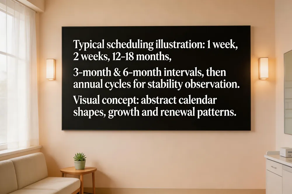Typical after‑care schedule: 1 week (swelling assessment &amp; manual modeling), 2 weeks (graft stability), 12‑18 months for HA filler touch‑ups, 3‑month &amp; 6‑month checks for fat grafts, then annual surveillance for long‑term stability.