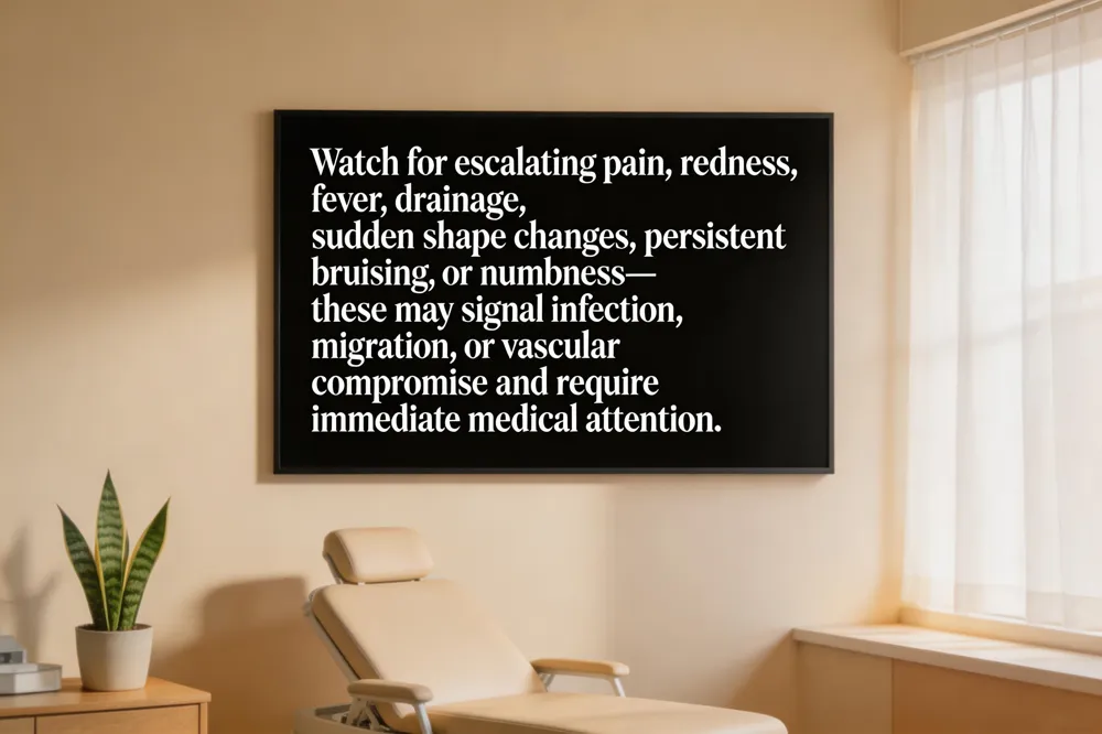 Watch for escalating pain, redness, fever, drainage, sudden shape changes, persistent bruising, or numbness—these may signal infection, migration, or vascular compromise and require immediate medical attention.