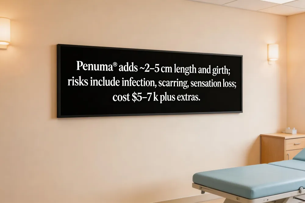 Penuma® adds ~2–5 cm length and girth; risks include infection, scarring, sensation loss; cost $5–7 k plus extras.
