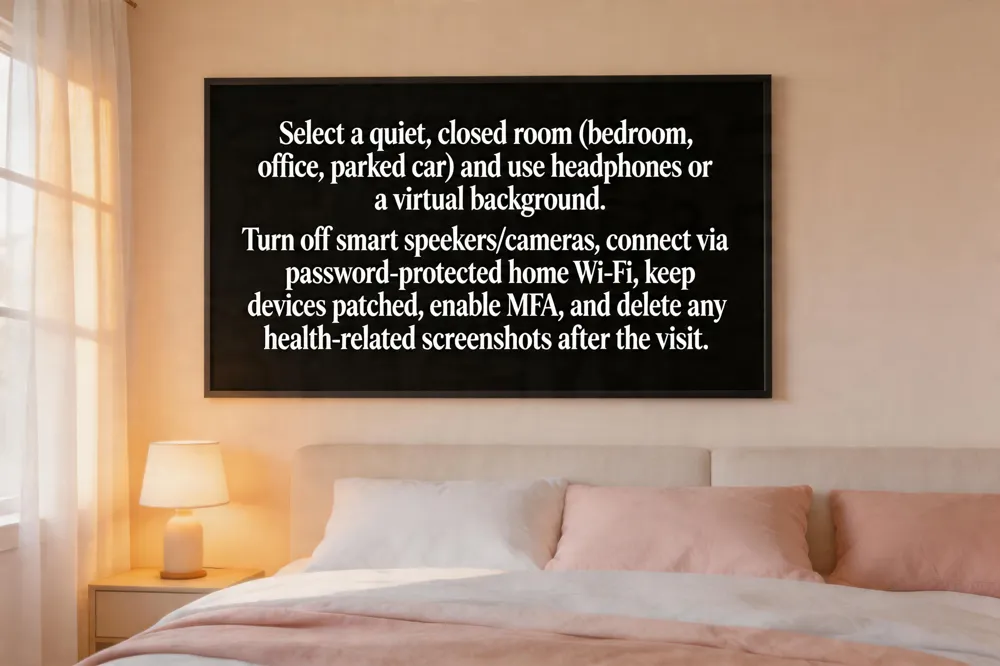 Select a quiet, closed room (bedroom, office, parked car) and use headphones or a virtual background. Turn off smart speakers/cameras, connect via a password‑protected home Wi‑Fi, keep devices patched, enable MFA, and delete any health‑related screenshots after the visit.