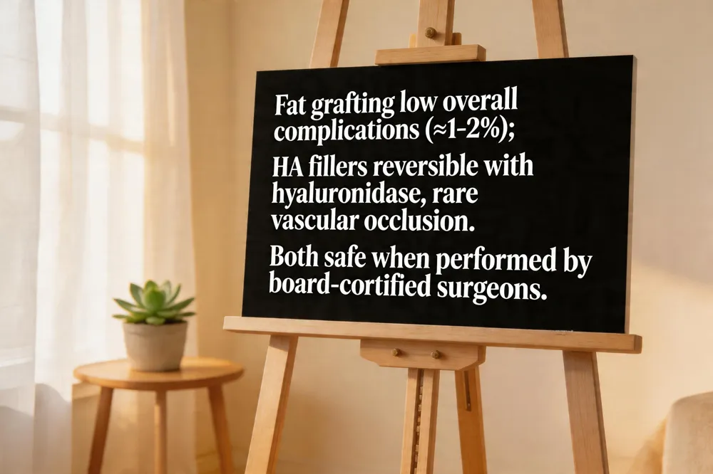 Fat grafting low overall complications (≈1‑2 %); HA fillers reversible with hyaluronidase, rare vascular occlusion. Both safe when performed by board‑certified surgeons.