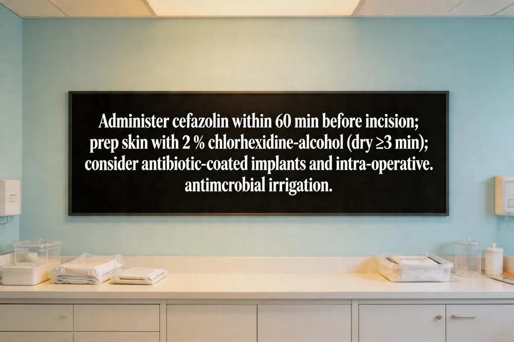 Administer cefazolin within 60 min before incision; prep skin with 2 % chlorhexidine‑alcohol (dry ≥3 min); consider antibiotic‑coated implants and intra‑operative antimicrobial irrigation.