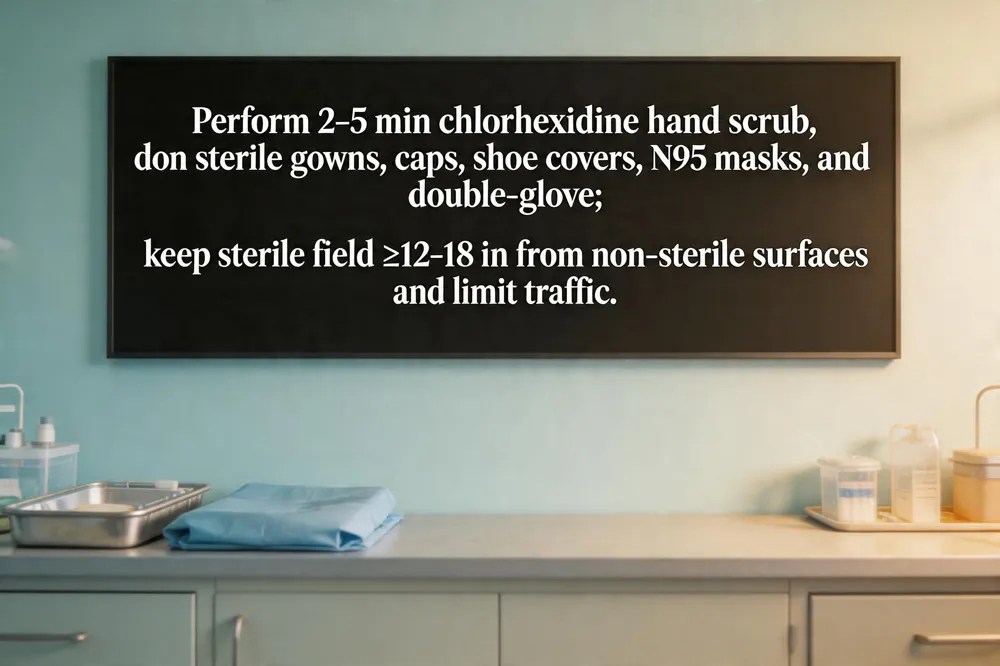 Perform 2‑5 min chlorhexidine hand scrub, don sterile gowns, caps, shoe covers, N95 masks, and double‑glove; keep sterile field ≥12‑18 in from non‑sterile surfaces and limit traffic.