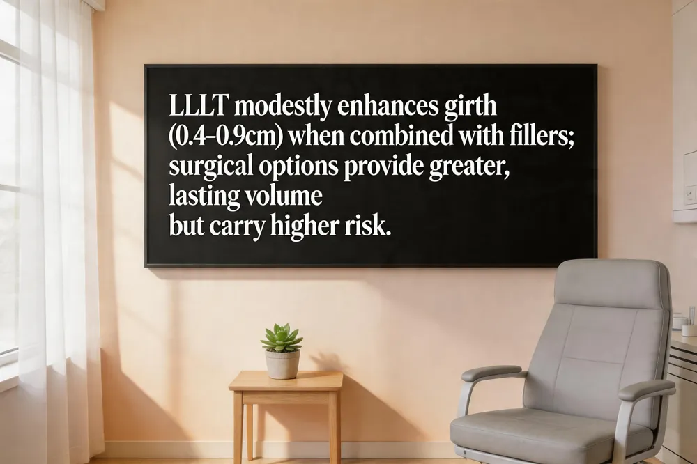 LLLT modestly enhances girth (0.4‑0.9 cm) when combined with fillers; surgical options provide greater, lasting volume but carry higher risk.