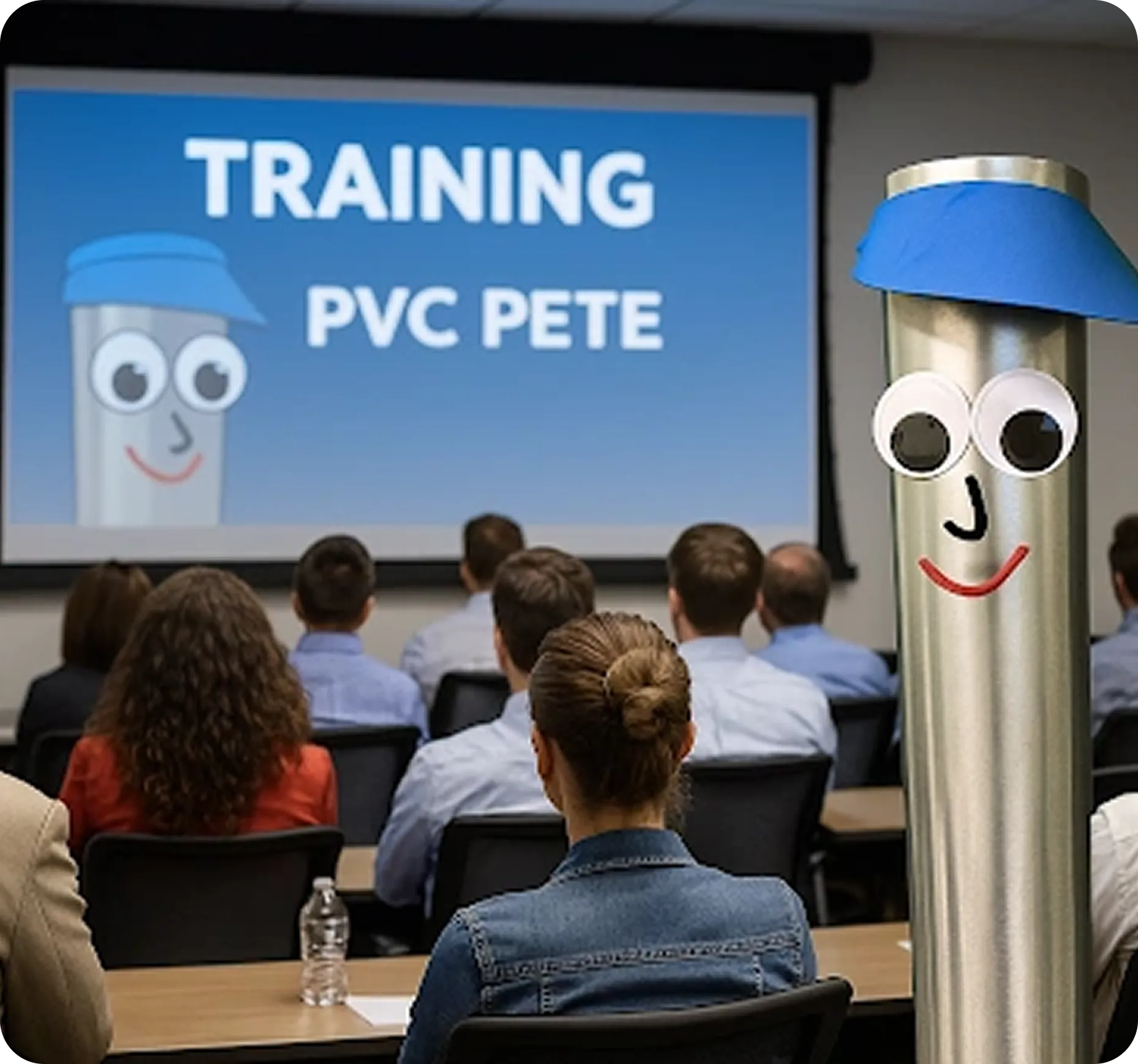 revLogic PVC Pete training with cartoon mascot and audience