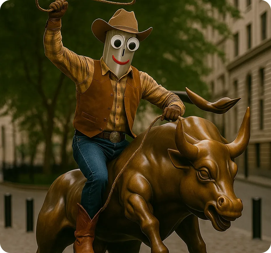Revlogic mascot rides bronze bull statue with cowboy hat and googly eyes