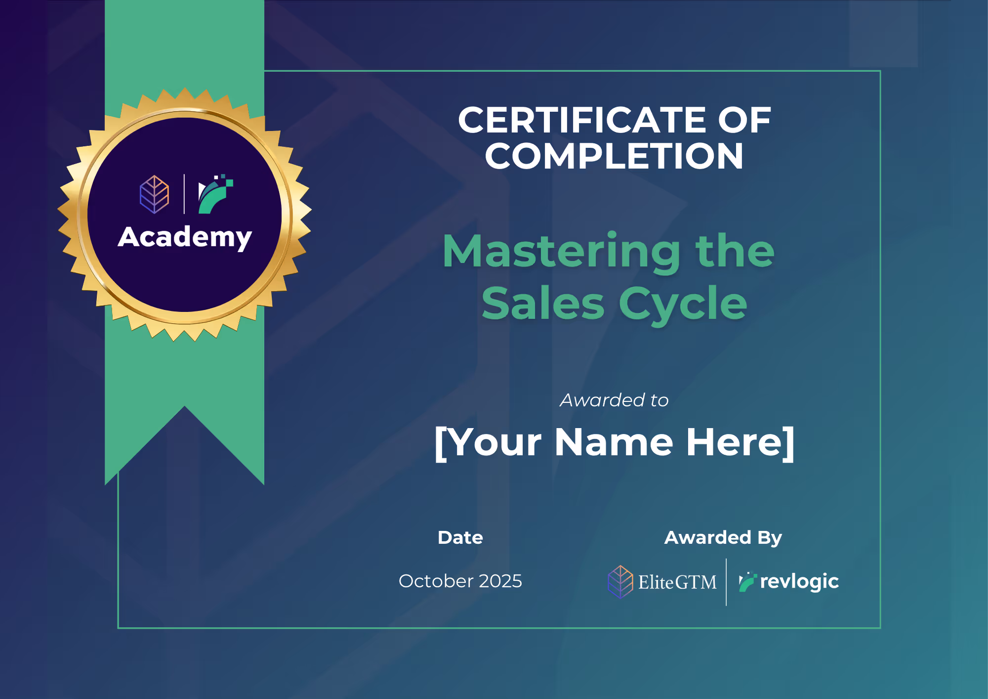 revLogic Academy certificate for Mastering the Sales Cycle course
