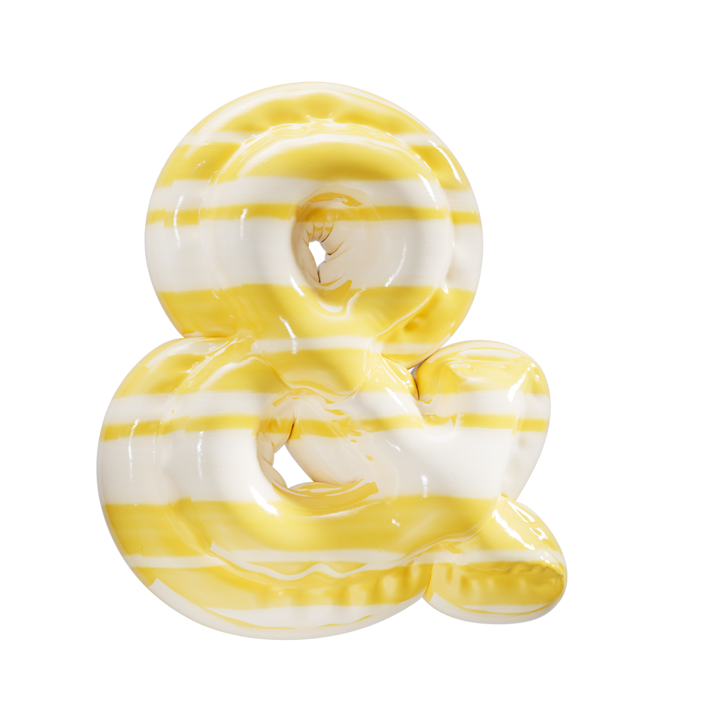 Glossy inflatable ampersand symbol with white and yellow horizontal stripes.