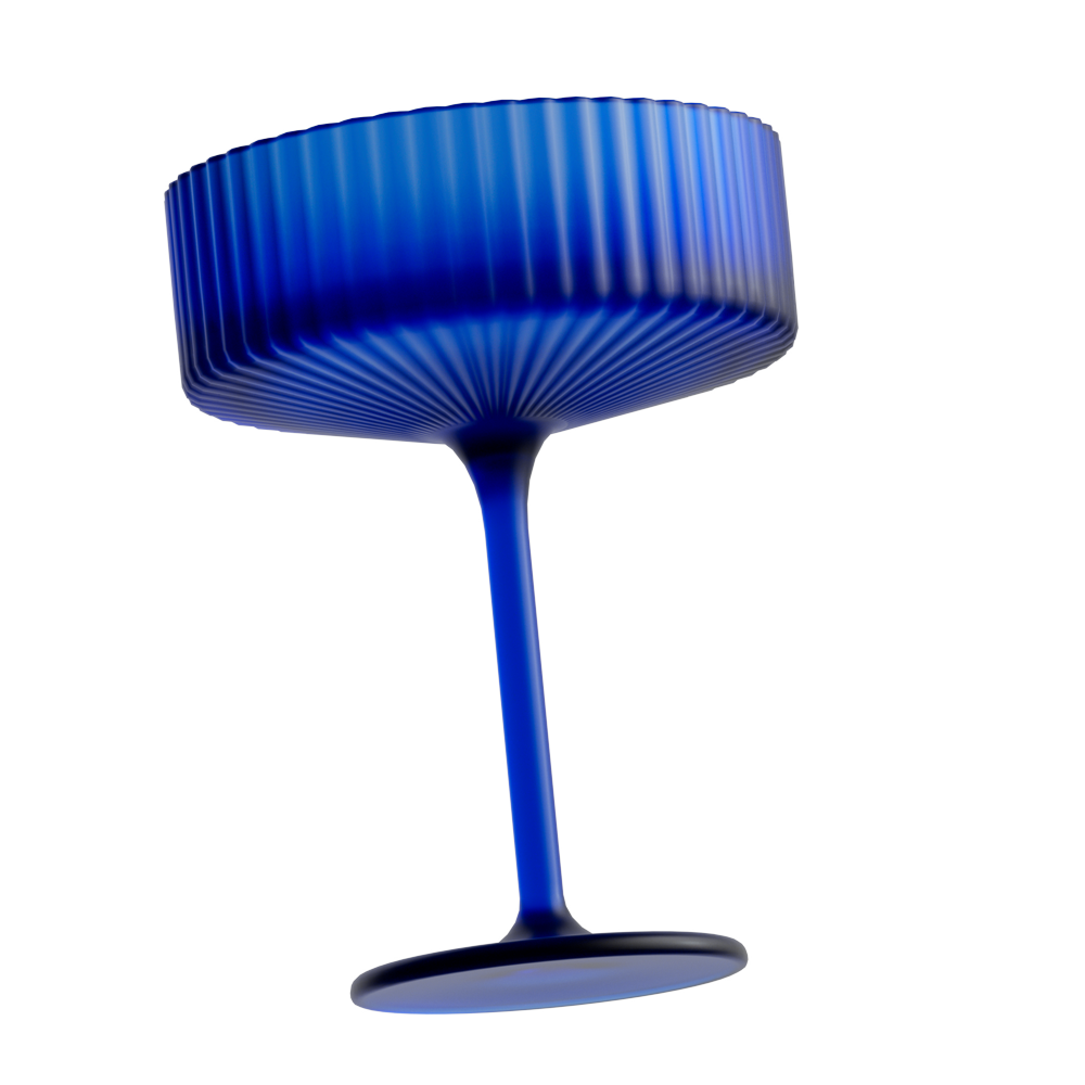 Blue fluted coupe glass with a long stem and round base.