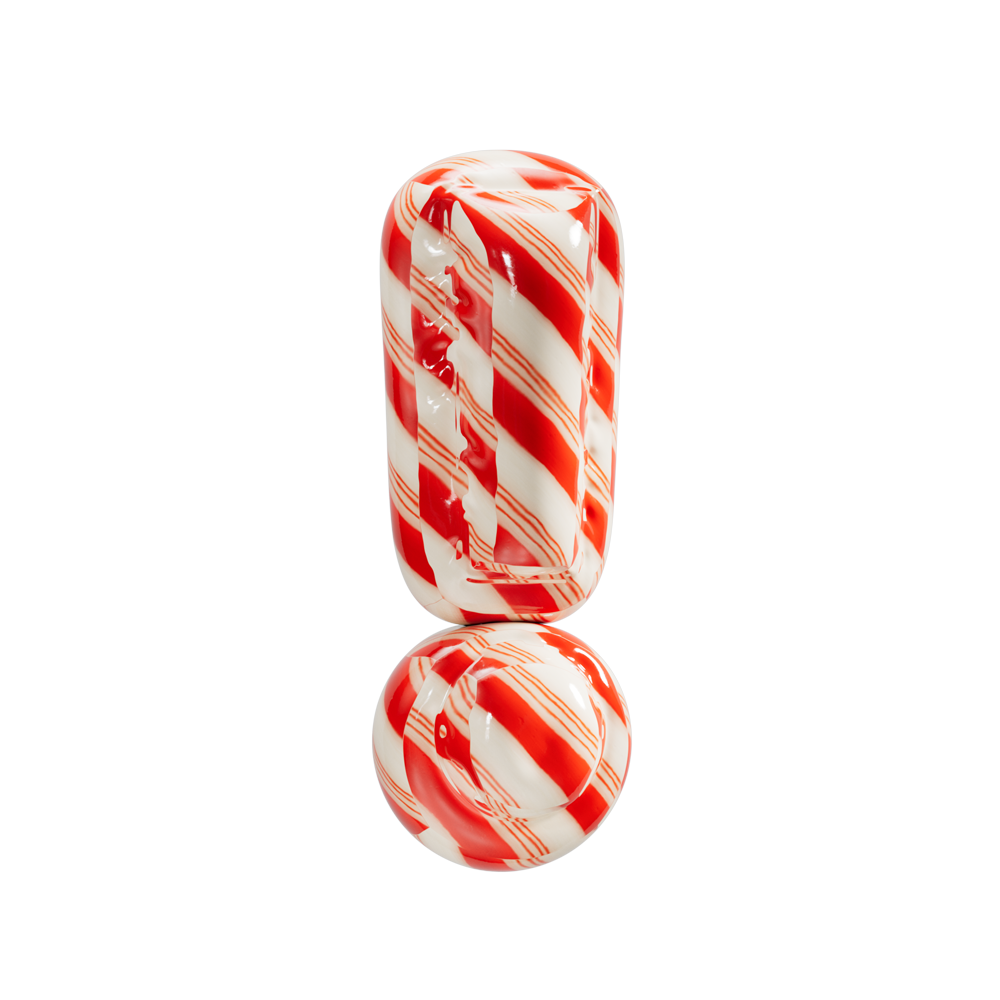 Exclamation mark shaped like red and white peppermint candy with stripes.