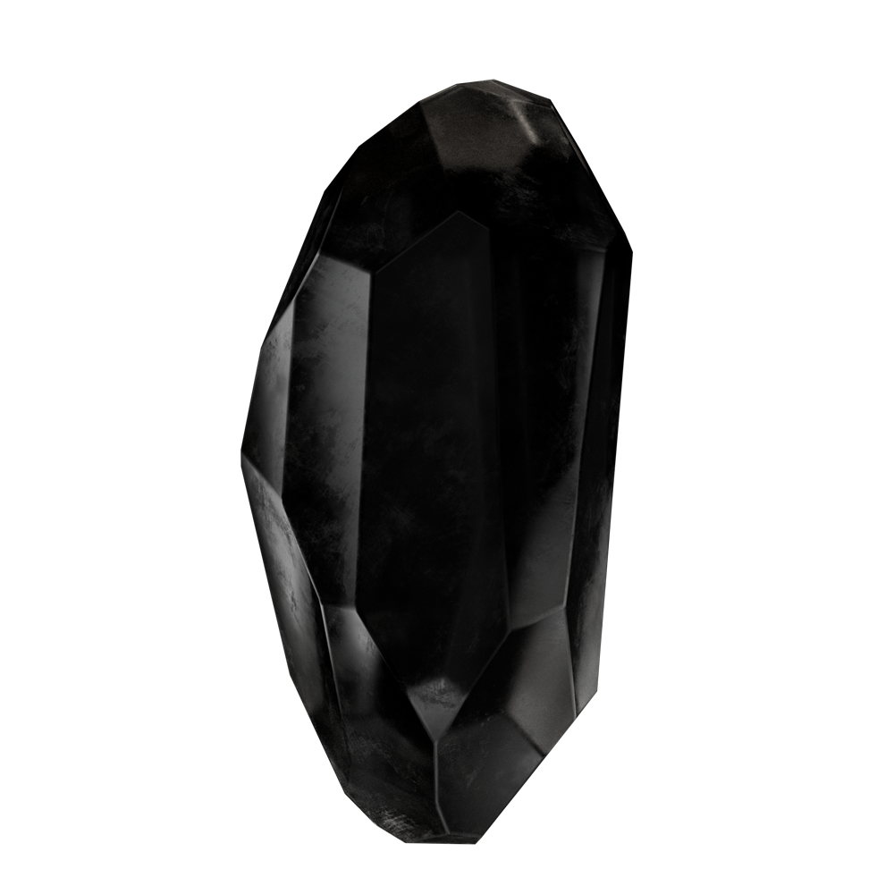 Faceted black gemstone with a glossy surface and irregular shape.