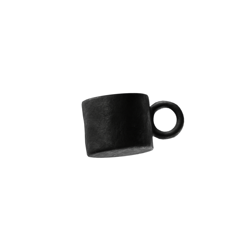 Black ceramic mug with a round handle on a white background.