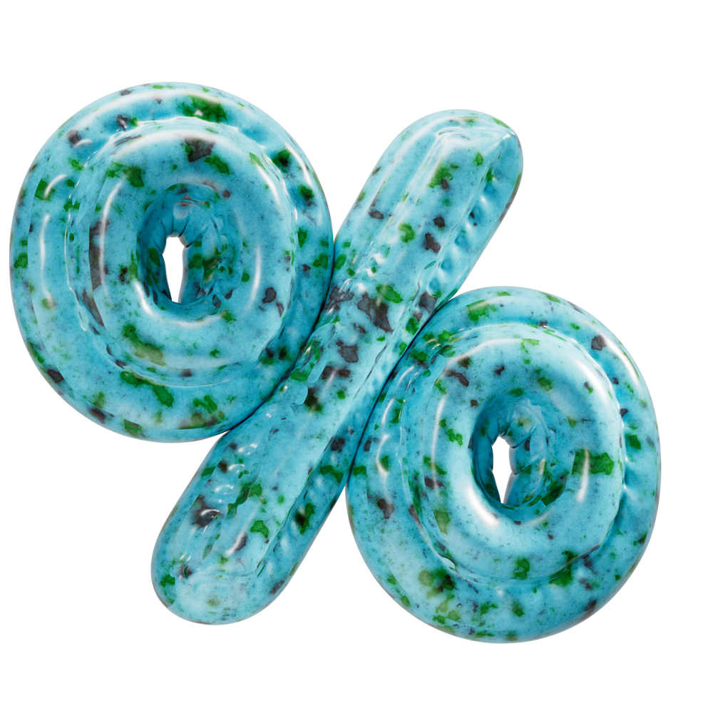 Three-dimensional percentage symbol in blue with green and black marble-like texture.