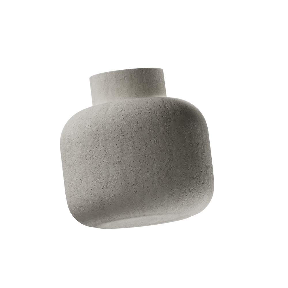Textured matte gray ceramic vase with a wide, rounded body and narrow neck.