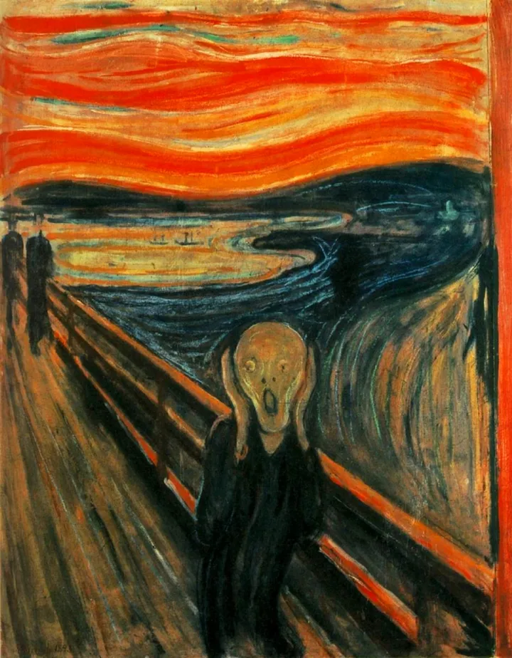 Edvard Munch’s The Scream, an iconic expressionist painting featuring a figure with a distressed expression on a bridge, set against a swirling red and orange sky over a fjord.