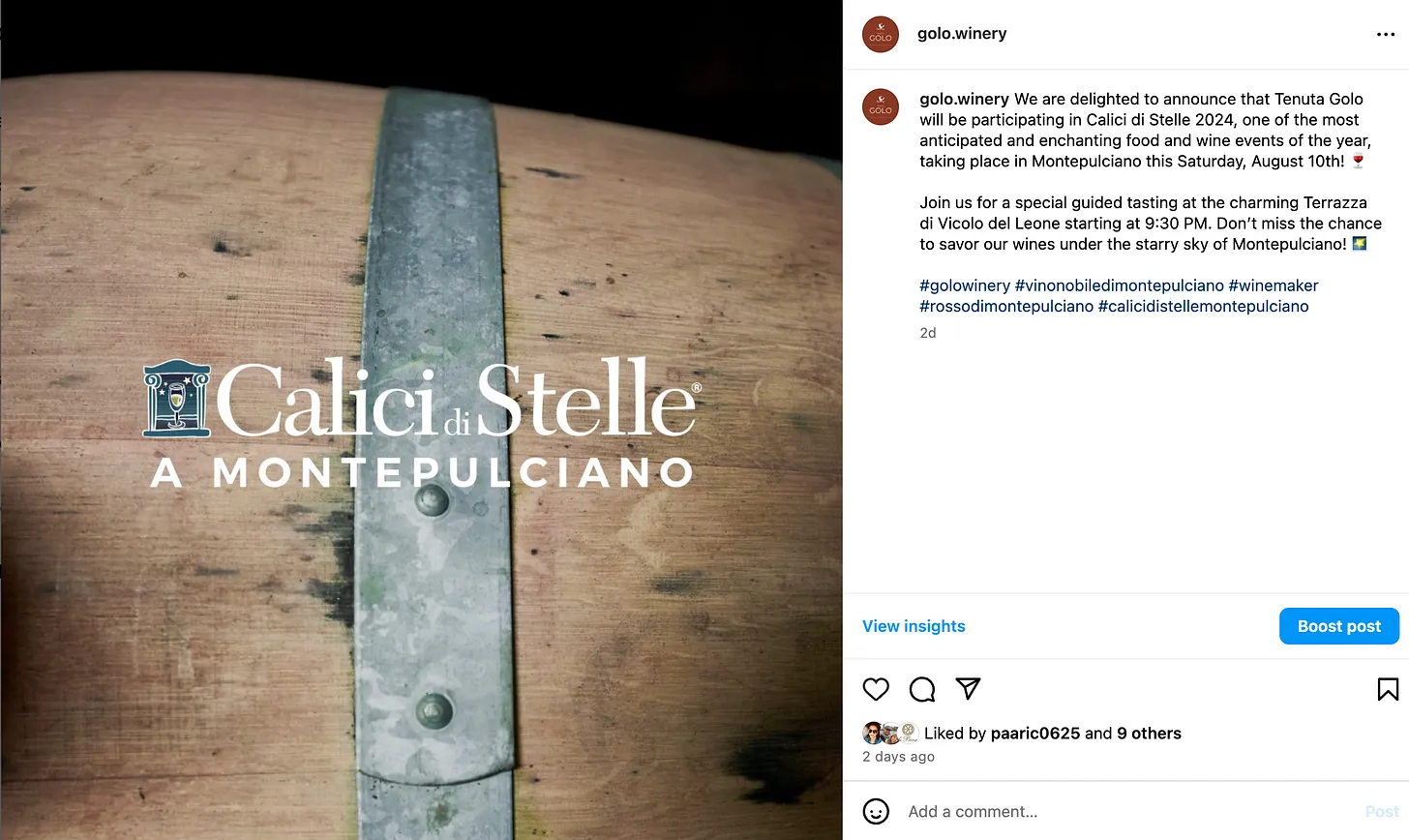 An Instagram post from Golo Winery with the Calici di Stelle logo on a wine barrel, announcing their participation in the 2024 Montepulciano event with a guided tasting at Terrazza di Vicolo del Leone on August 10 at 9:30 PM.