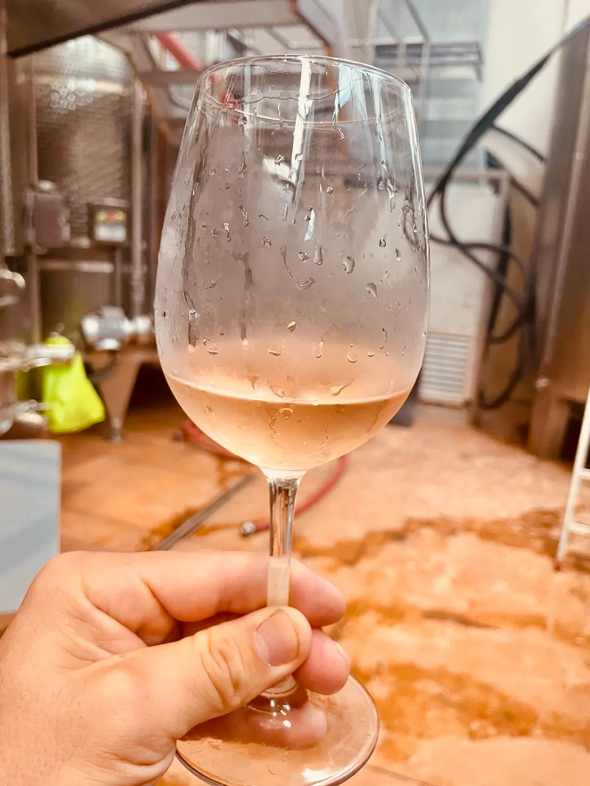 hand holding a chilled glass of rosé wine with condensation, set against the backdrop of stainless steel tanks at Tenuta Golo Winery in Montepulciano during a tasting session.