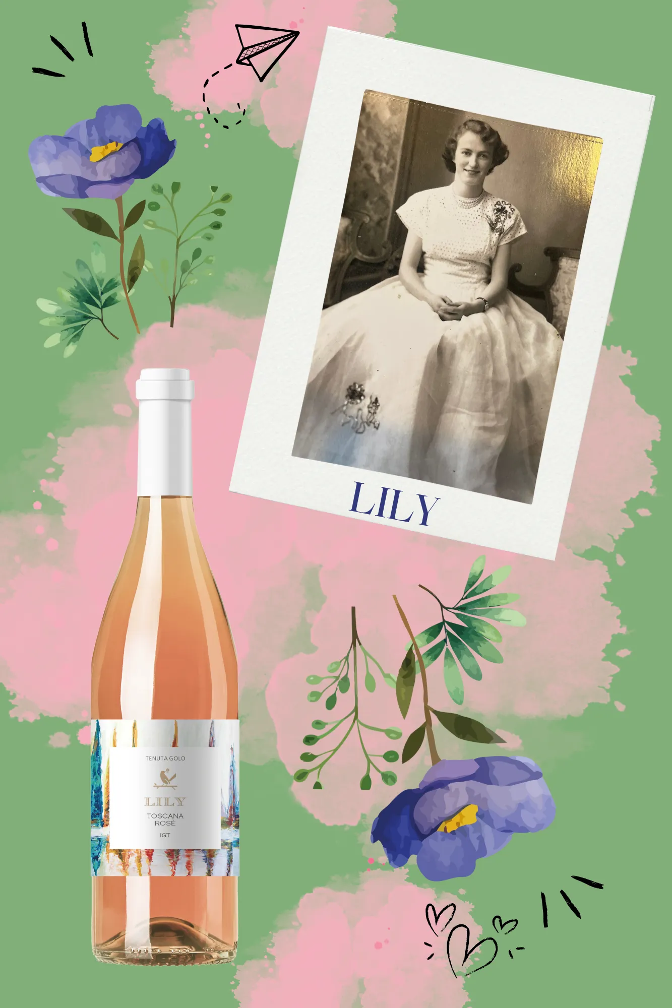 A bottle of Lily Toscana Rosé IGT from Tenuta Golo Winery in Montepulciano, displayed with a vintage photo of a woman named Lily, surrounded by floral illustrations and a pastel background.