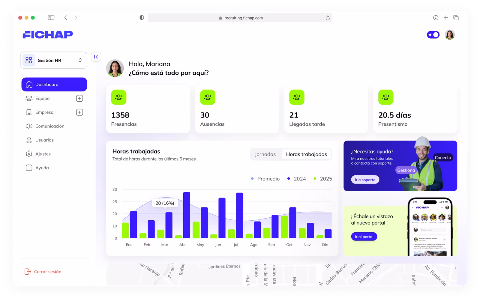 Dashboard de Fichap mostrando control horario, asistencia y reportes en tiempo real para empleados operativos