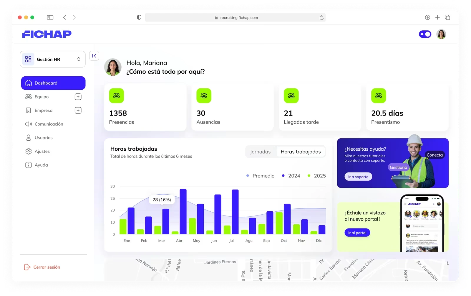 Dashboard de Fichap mostrando control horario, asistencia y reportes en tiempo real para empleados operativos