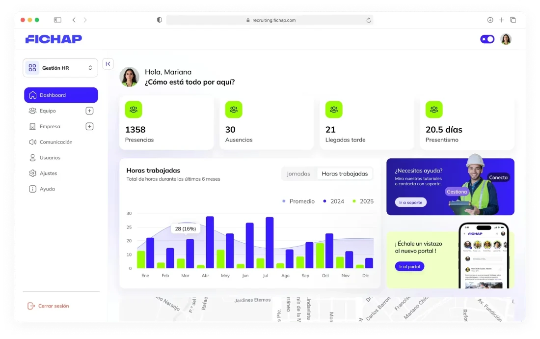 Dashboard de Fichap mostrando control horario, asistencia y reportes en tiempo real para empleados operativos