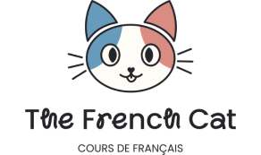 Complete logo of The French Cat. Represents a cat with blue, white and red stripes. Below the cat is written "The French Cat, cours de français"