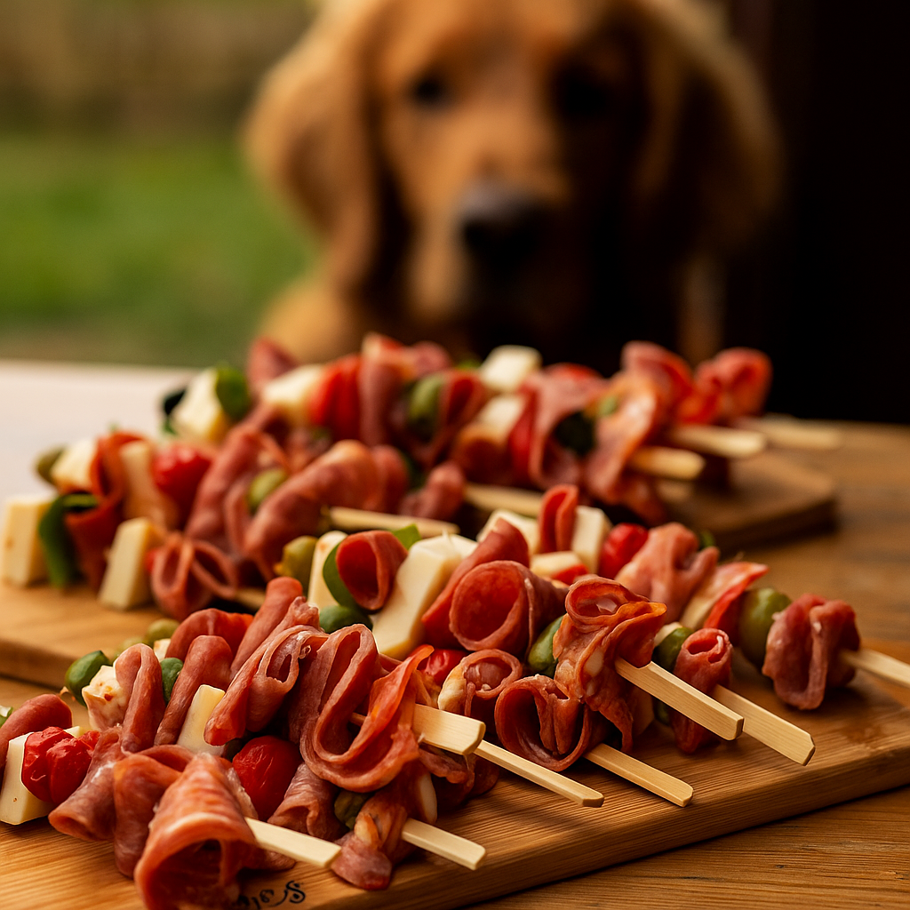 Close-up of wooden skewers with rolled cured meats, cheese cubes, and olives on a wooden board with a blurred dog in the background.