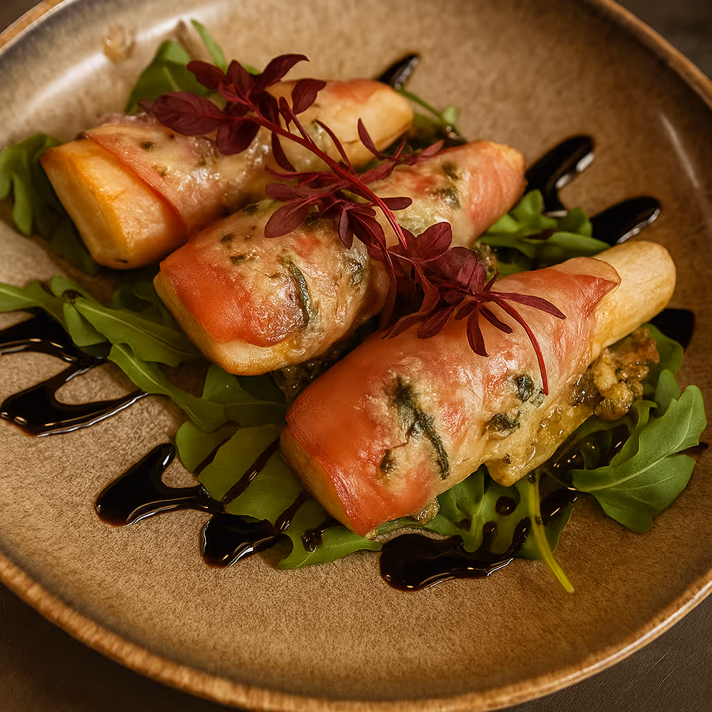 Three prosciutto-wrapped cheese sticks served on arugula with balsamic glaze and garnished with red microgreens on a brown plate.