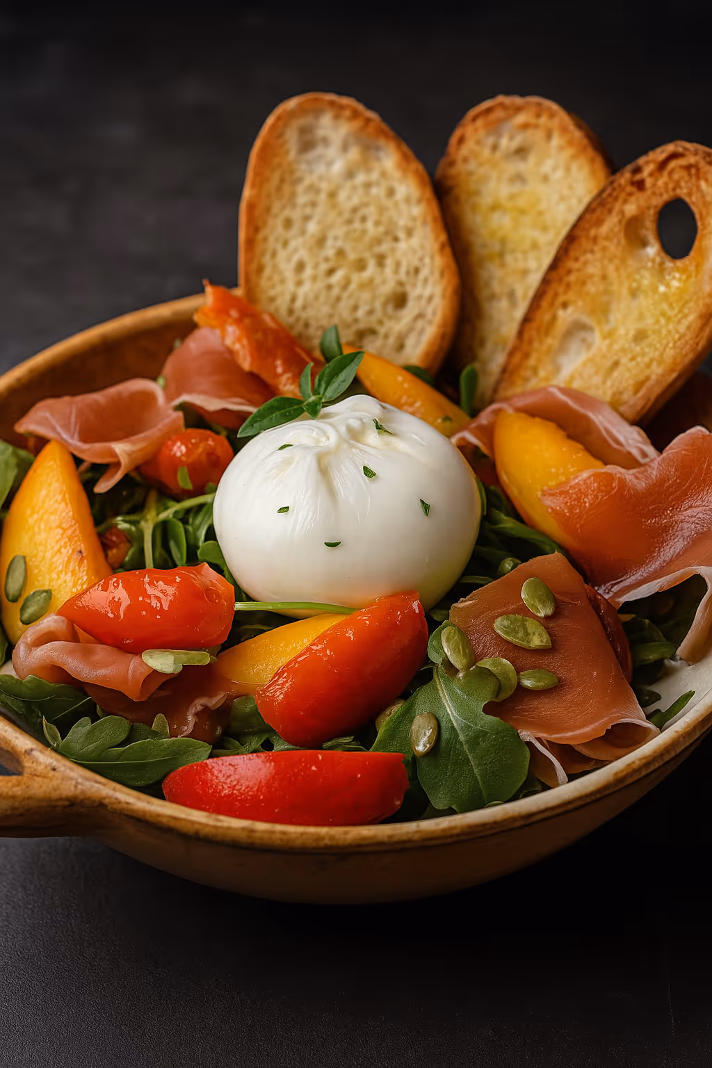 Bowl with burrata cheese, prosciutto, arugula, tomato wedges, peach slices, pumpkin seeds, and toasted bread slices.