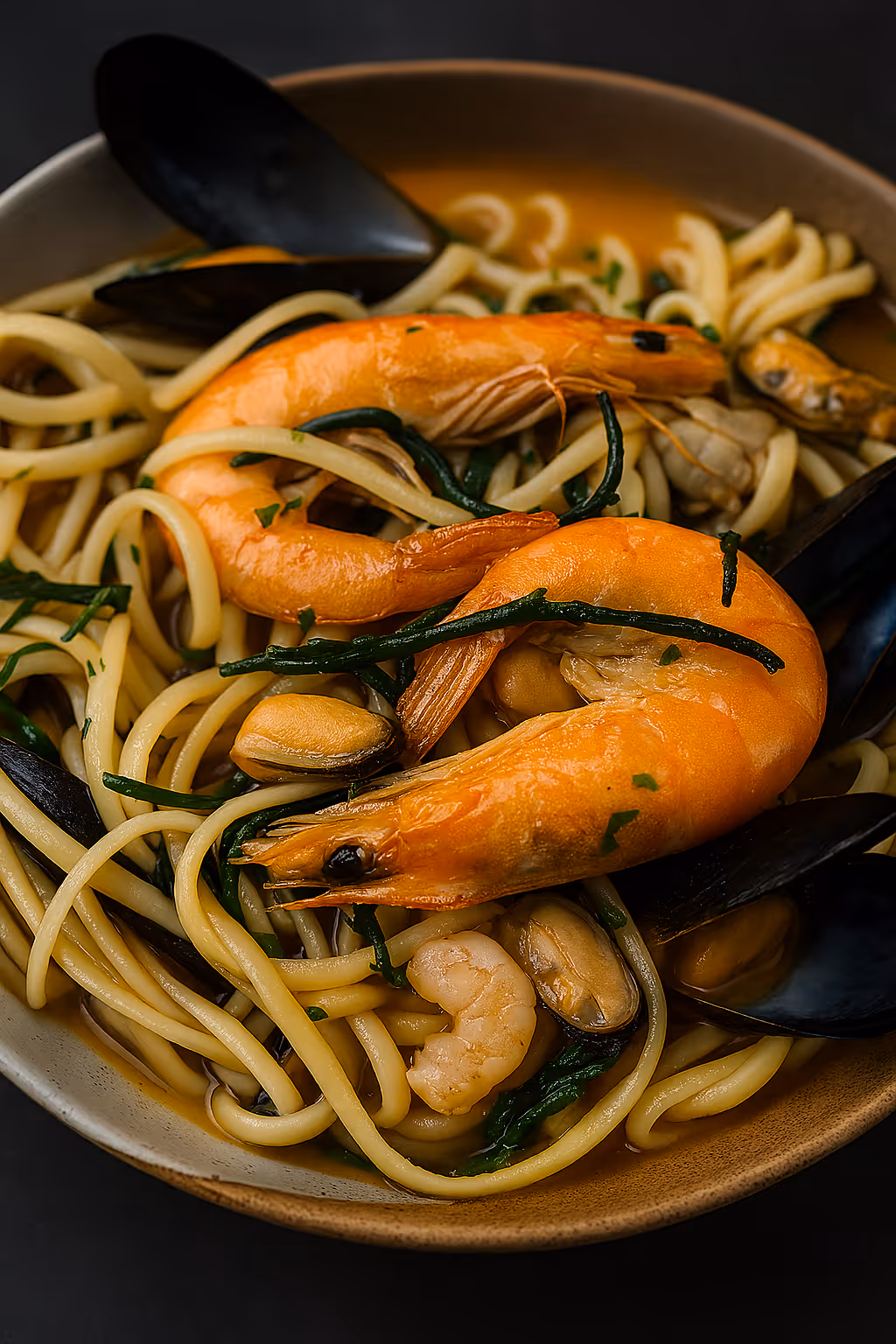 Bowl of seafood pasta with shrimp, mussels, green herbs, and thick noodles in broth.