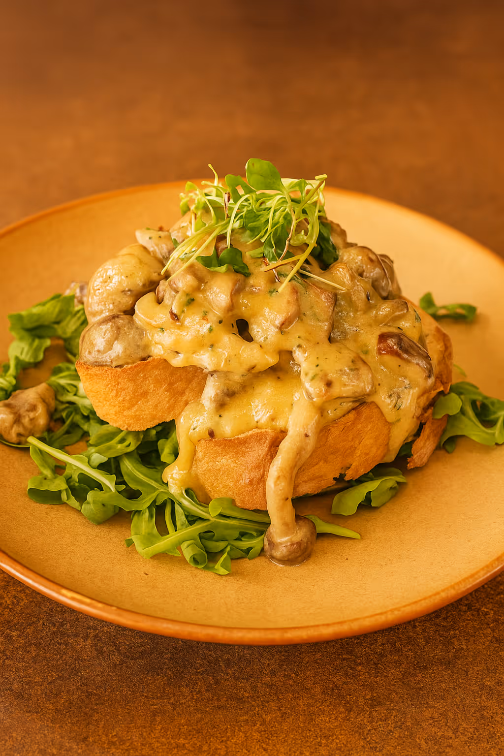 Slice of toasted bread topped with creamy mushroom sauce and microgreens, served on a bed of arugula on a tan plate.