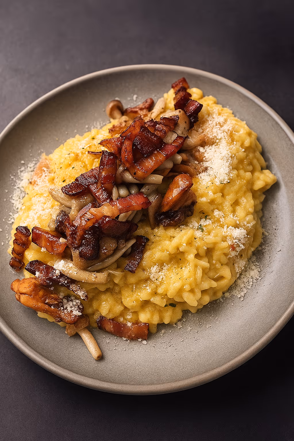 Creamy risotto topped with sautéed mushrooms and crispy bacon bits on a gray plate.