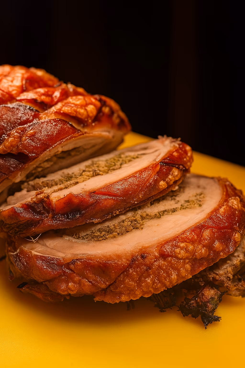 Sliced gourmet pork roast with crispy skin and herb stuffing on a yellow surface.