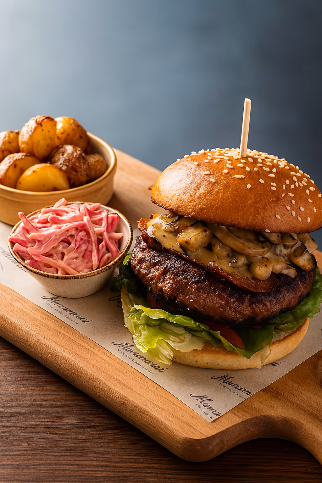 Gourmet burger with lettuce and sautéed mushrooms on a sesame bun, served with roasted potatoes and creamy coleslaw on a wooden board.