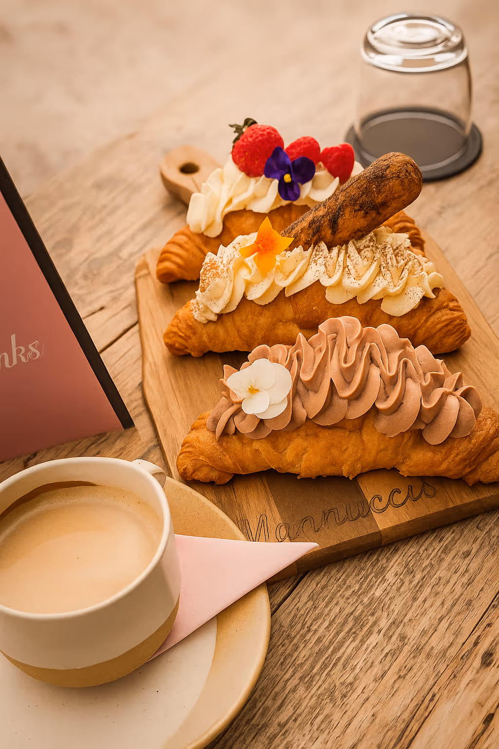 Three croissants topped with whipped cream, fresh berries, edible flowers, and a dusted biscuit on a wooden board, next to a cup of coffee.