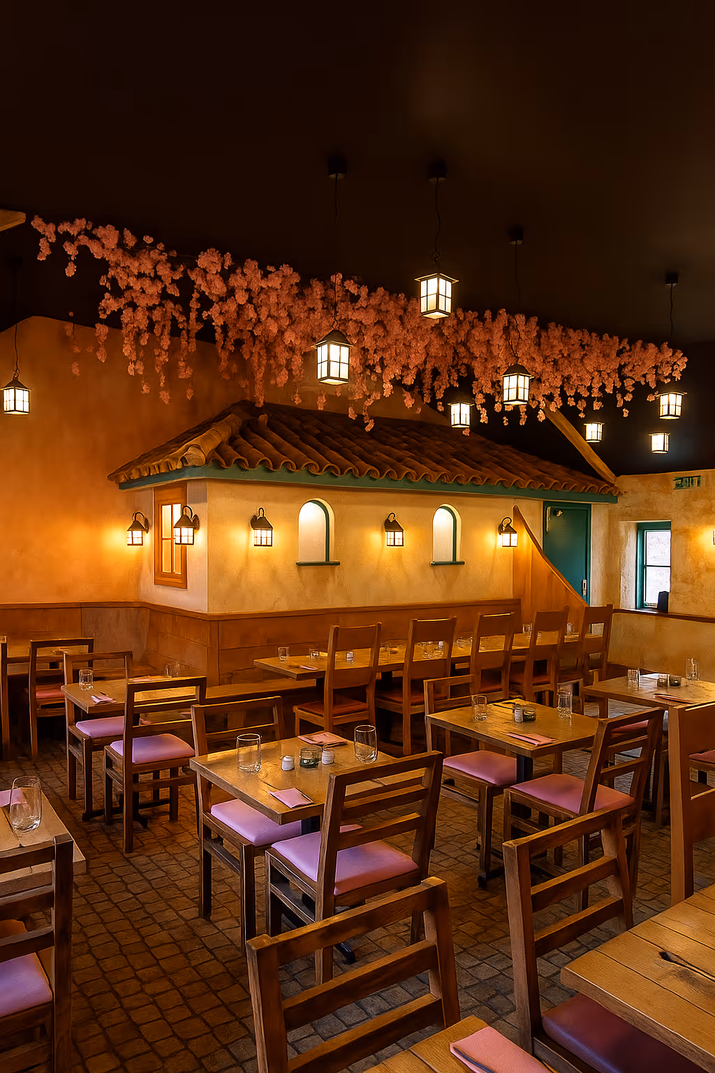 Cozy restaurant interior with wooden tables and chairs, soft glowing lanterns, and pink floral decorations hanging from the ceiling.