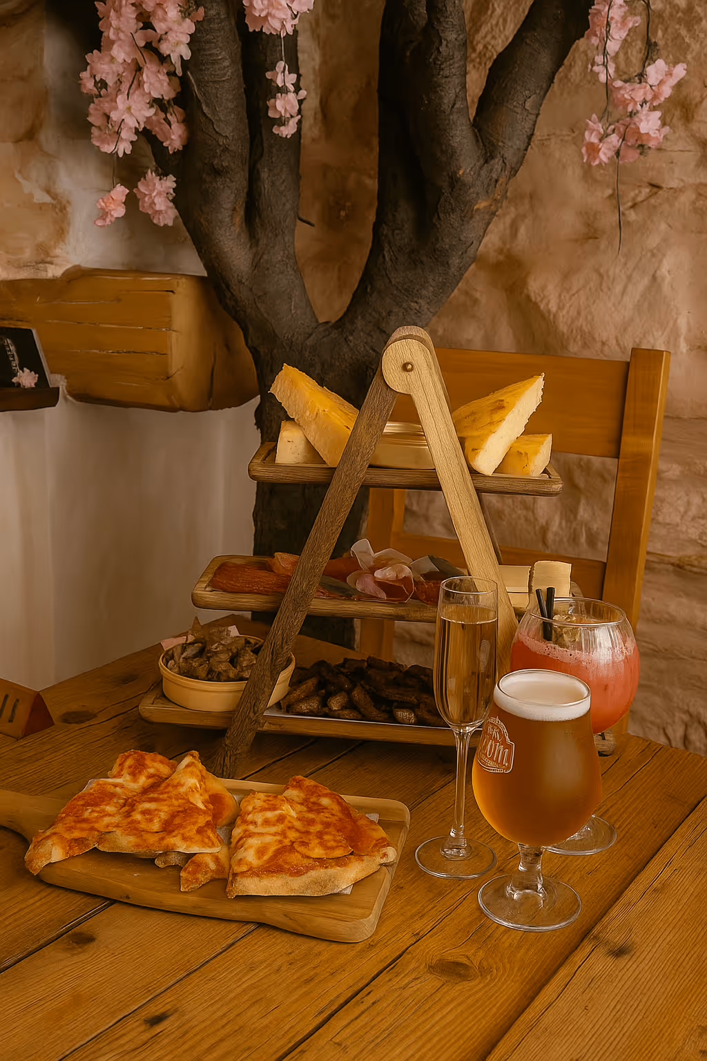 Wooden table with three beverages, sliced pizza, and a three-tier wooden serving tray with cheese, meats, and snacks in a rustic setting.