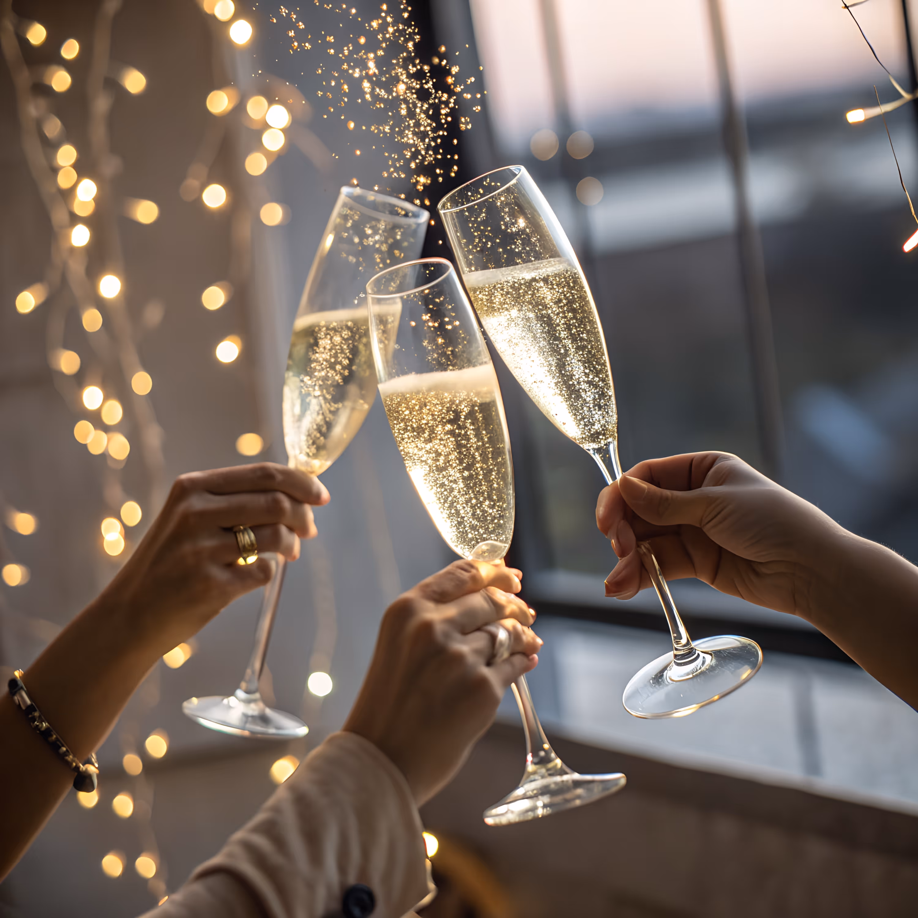 Three hands clinking champagne flutes filled with sparkling wine against a background of warm string lights.