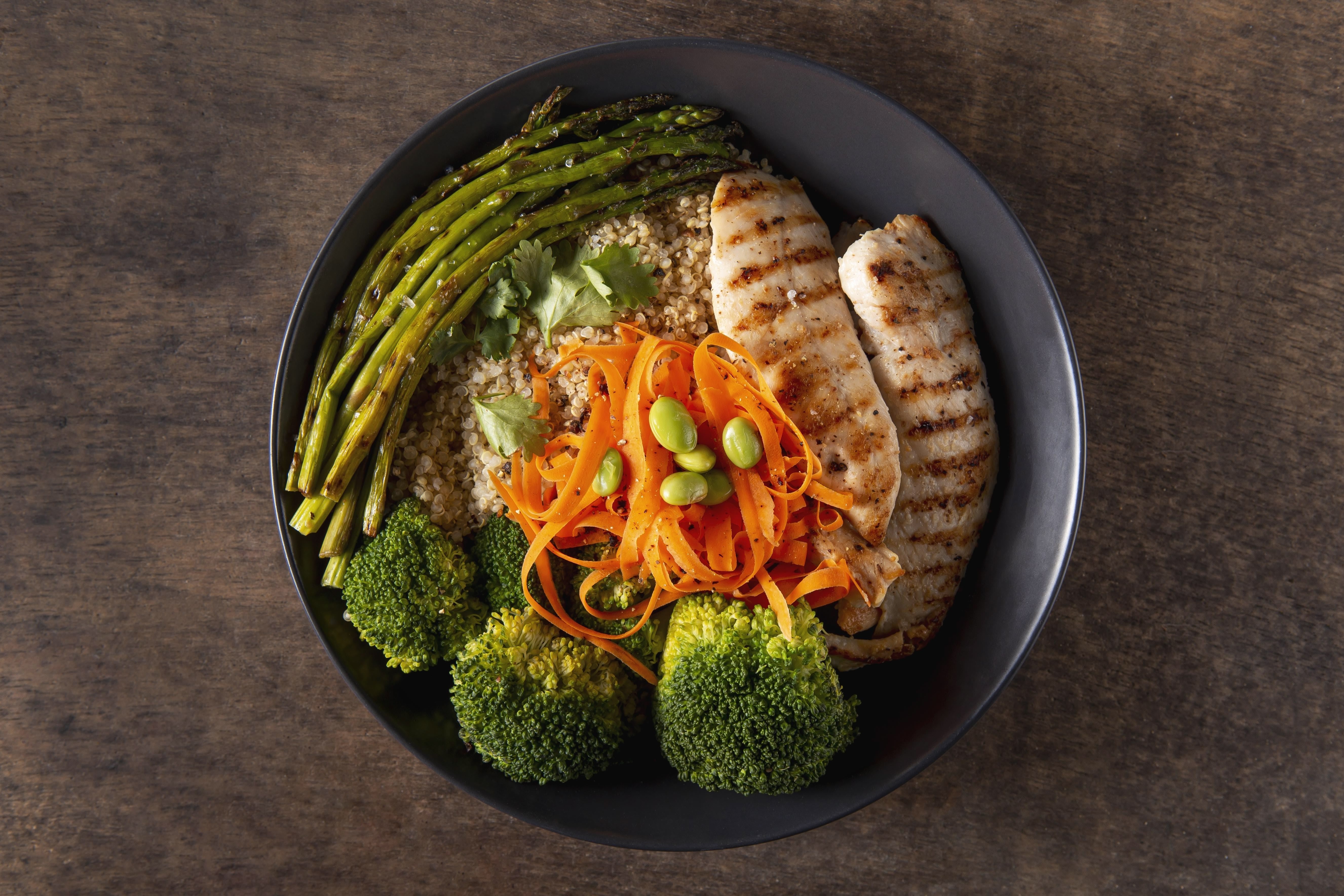 Une assiette riche en protéines, avec des légumes