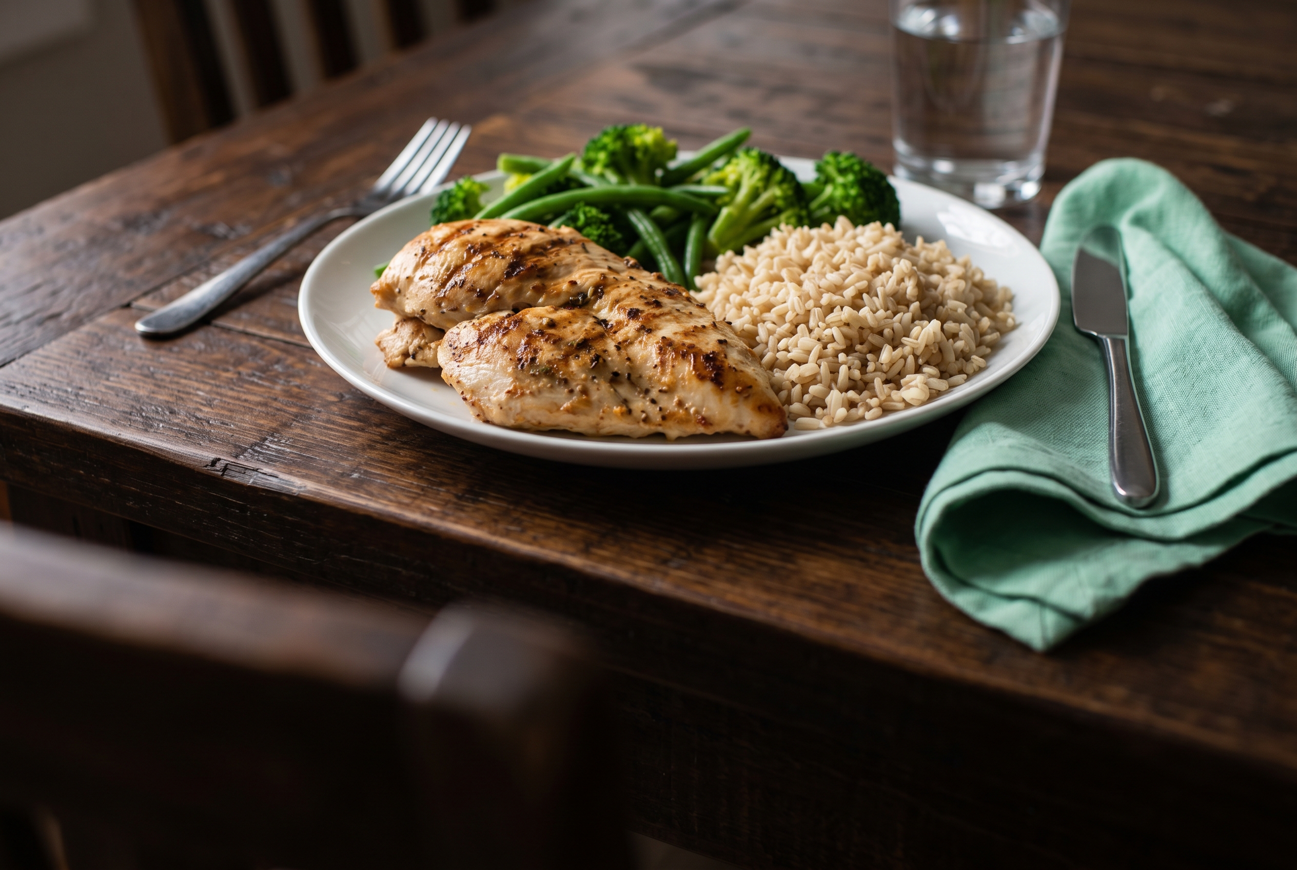 Assiette de poulet grillé, riz complet et légumes verts