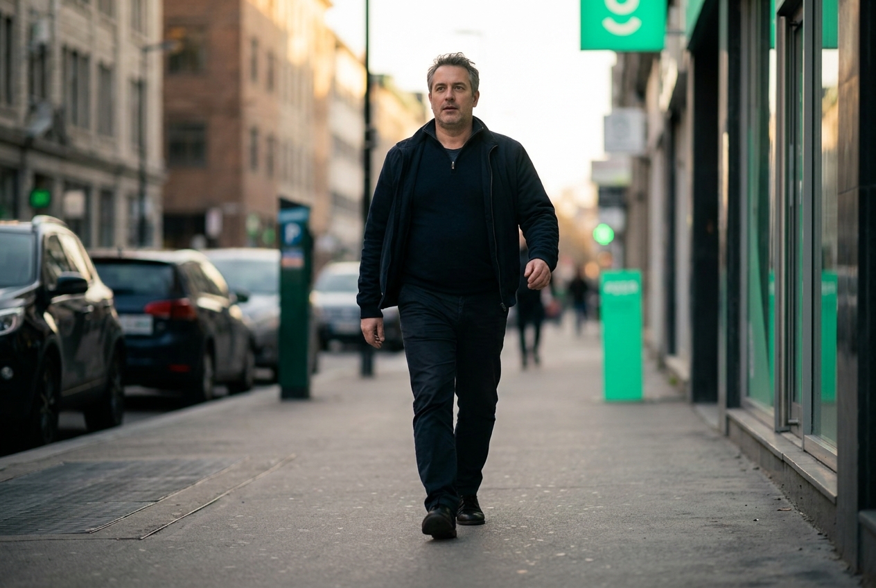 Homme de plus de 40 ans qui marche d'un bon pas en ville