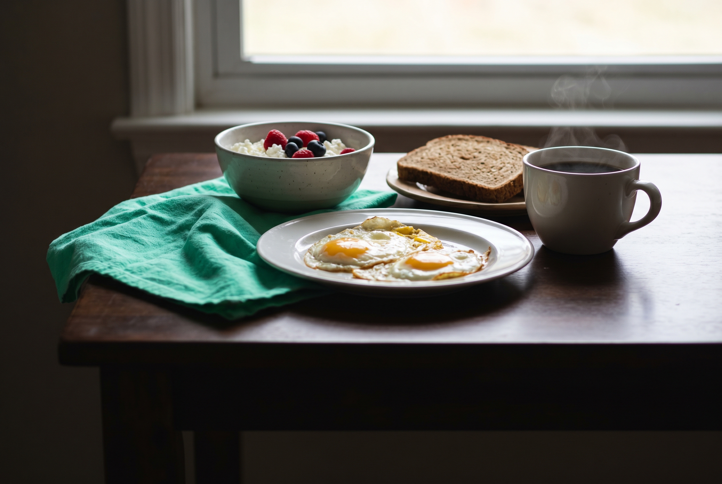 Petit-déjeuner protéiné : œufs au plat, fromage blanc aux fruits rouges et pain complet