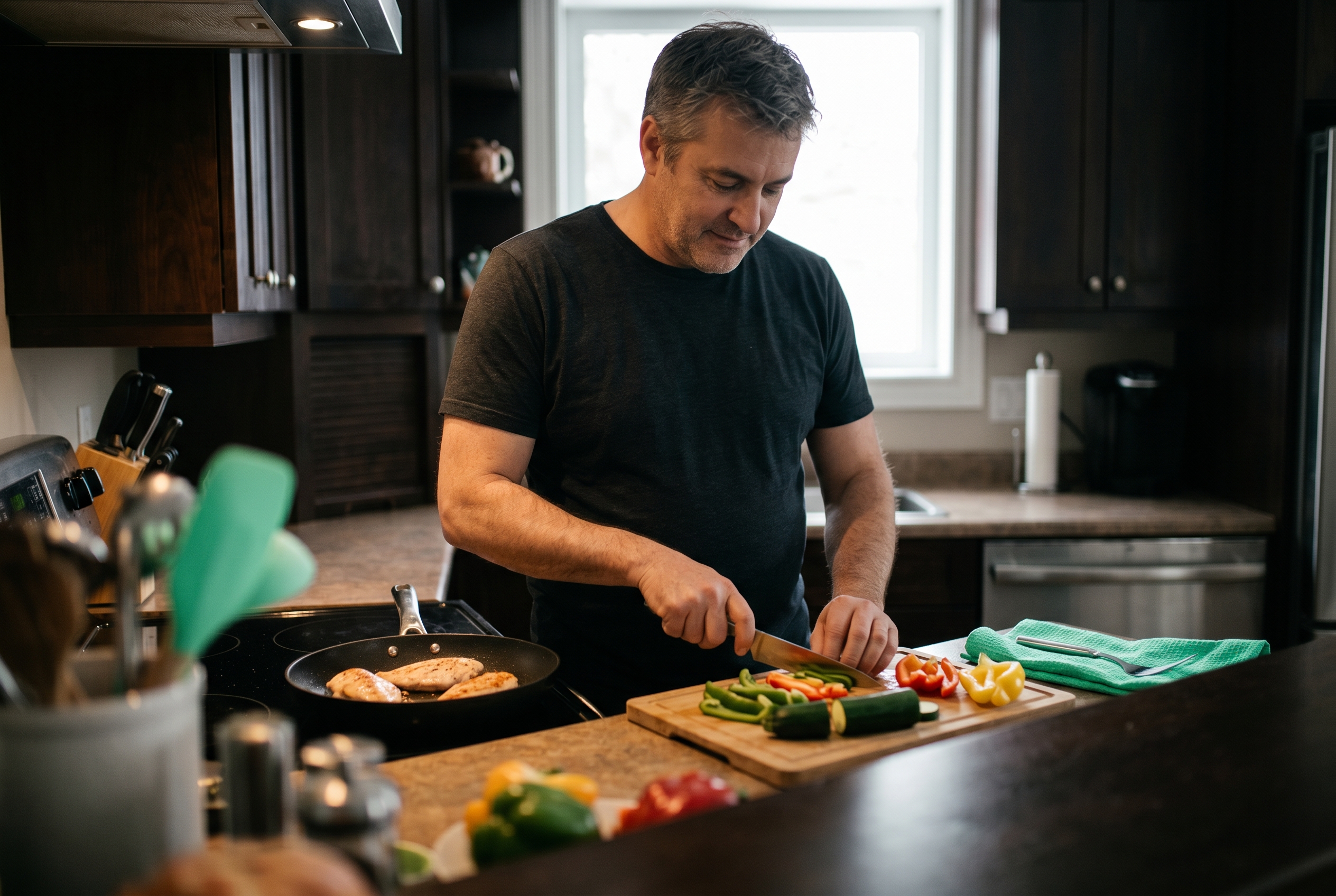 Homme qui prépare des légumes et du poulet dans sa cuisine