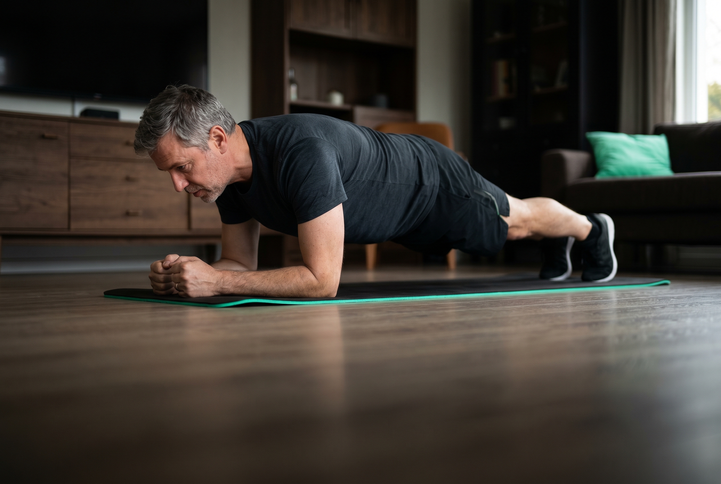 Homme de 50 ans en gainage sur un tapis, à la maison