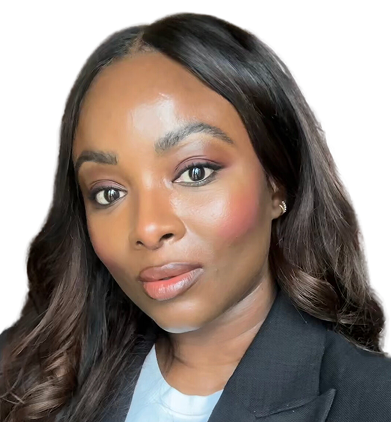 Portrait of a woman with long dark hair wearing a black blazer and light blue top looking at the camera.