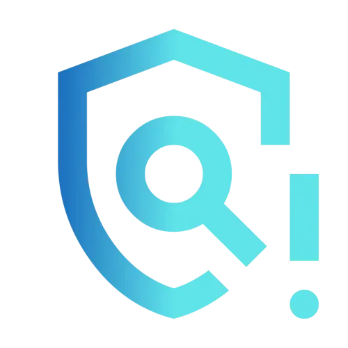 Blue shield with magnifying glass and exclamation mark representing security alert or policy warning.